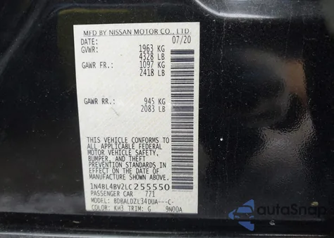 2020 Nissan Altima S Fwd z USA, uszkodzony, nr VIN 1N4BL4BV2LC255550